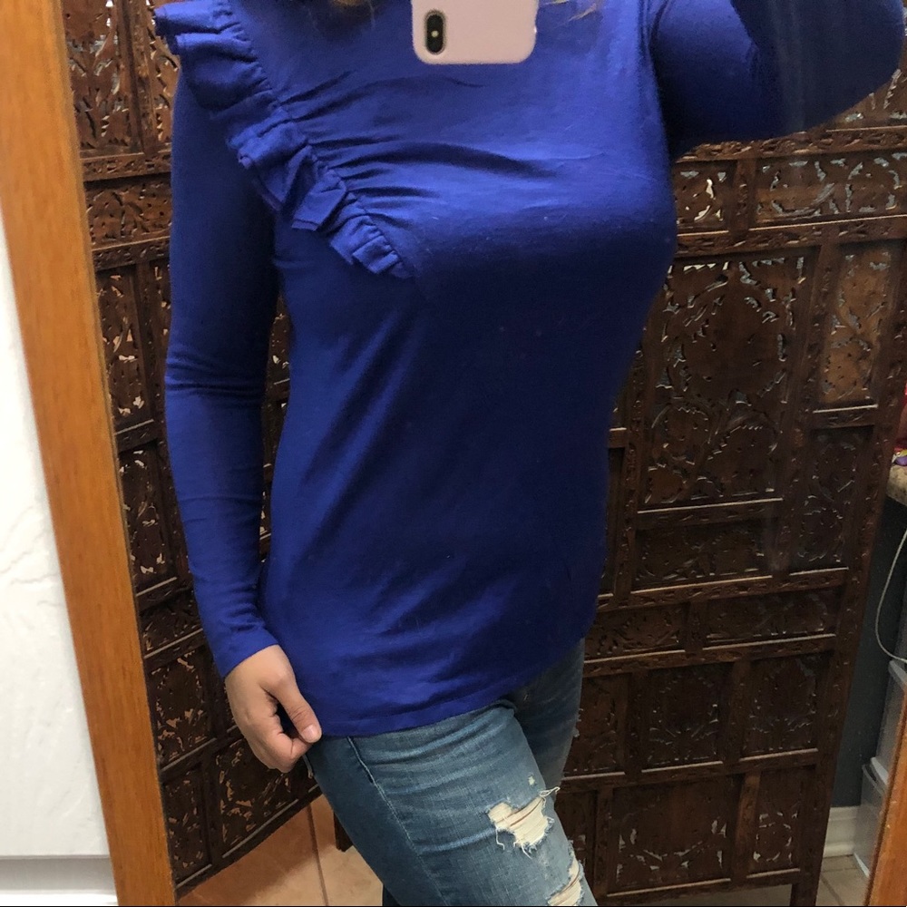 MANGO Electric Blue Ruffle Semi Sheer Blouse Top